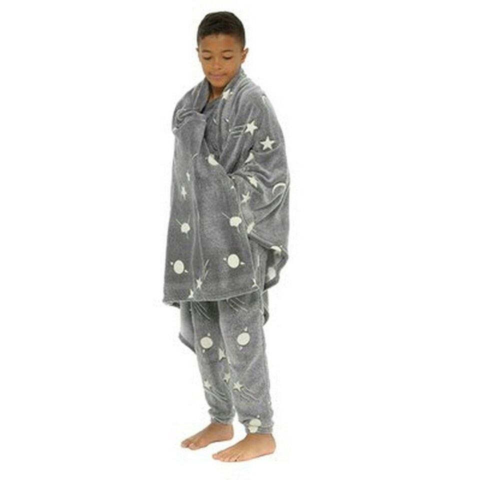 image 1 of RJM Planets Print Glow In The Dark Blanket - Grey - One Size
