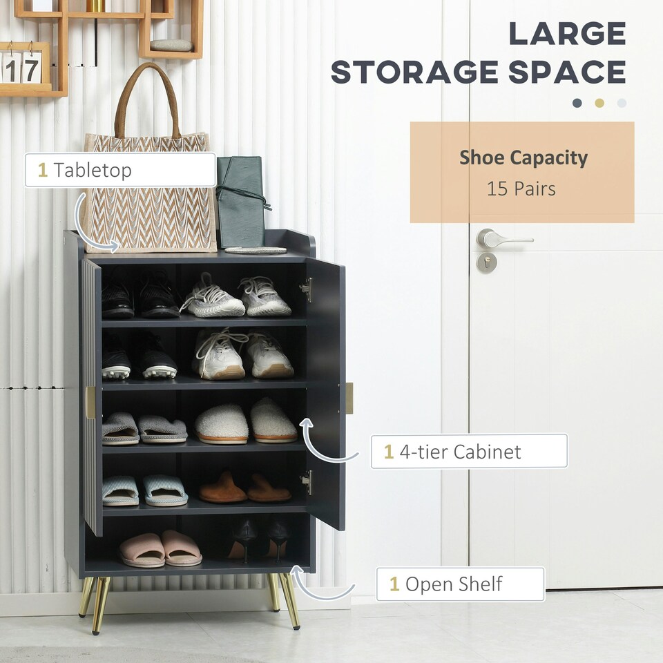 image 1 of HOMCOM Shoe Storage Cabinet with Beadboard Doors for 15 Pairs of Shoes, Grey
