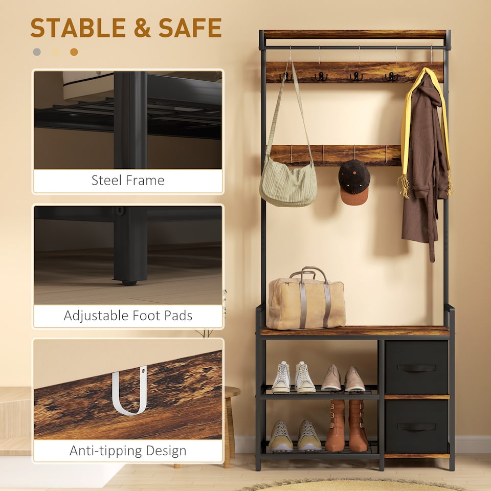 image 1 of HOMCOM Coat Rack with Bench and Shoe Storage, 4-in-1 Coat Stand with 15 Coat Hooks, 2 Fabric Drawers for Hallway, Living Room, Bedroom, Rustic Brown