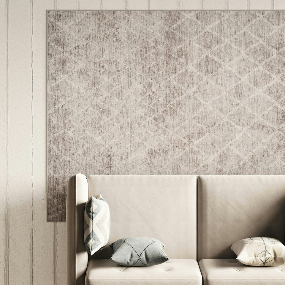 image 1 of Beige Grey Distressed Geometric Trellis Washable Living Room Area Rug-120x170cm Cream
