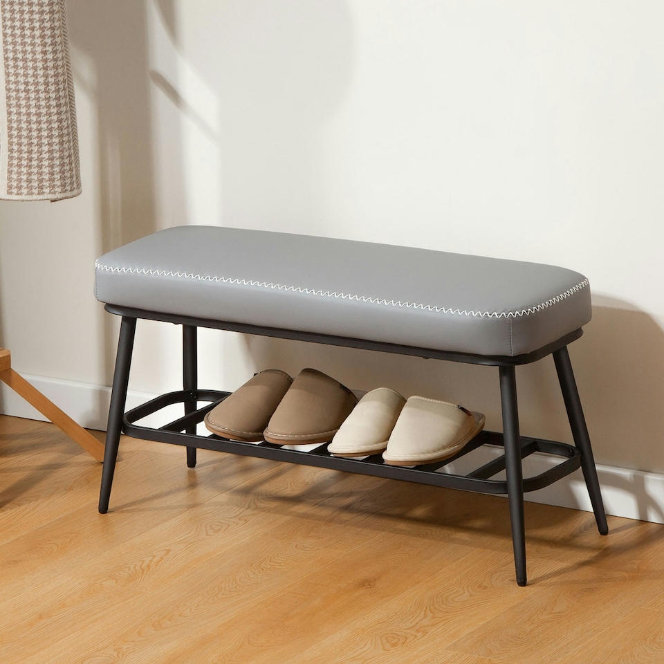 image 1 of HOMCOM Shoe Bench, PU Leather Shoe Storage Bench for Entryway, Grey Grey | Black