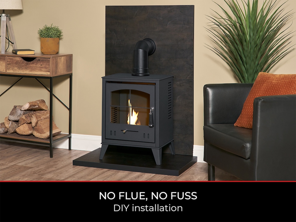 image 1 of OKO S2 Bio Ethanol Stove in Charcoal Grey with Angled Stove Pipe