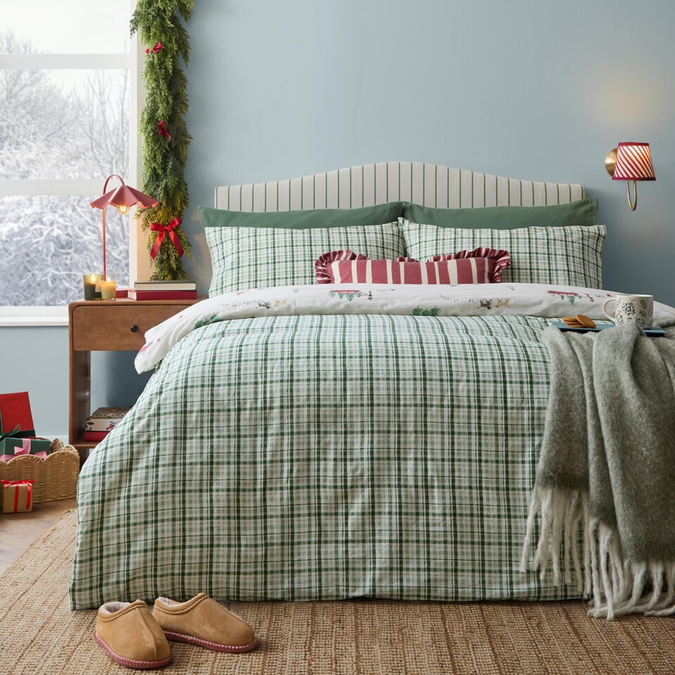 image 1 of Wylder Christmas Tree Lane 100% Cotton Duvet Cover Set, Natural/Sage, Double