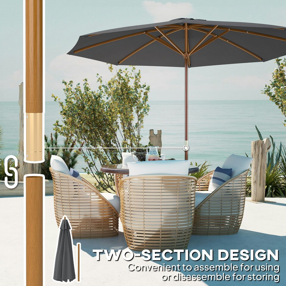 image 1 of Outsunny Wooden Garden Parasol with Rope Pulley Mechanism Grey | Dark Grey