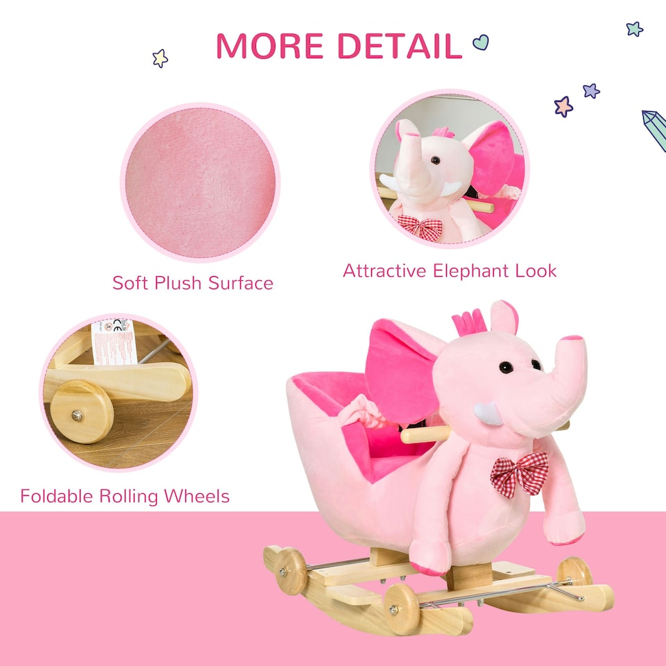 image 1 of HOMCOM 2-in-1 Baby Rocking Horse Ride On Elephant W/ Wheels Music, Pink