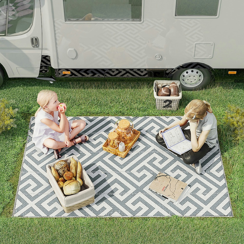 image 1 of Outsunny Reversible Outdoor Rug Plastic Straw RV Camping Mat for Garden Deck Picnic Grey | Light Grey