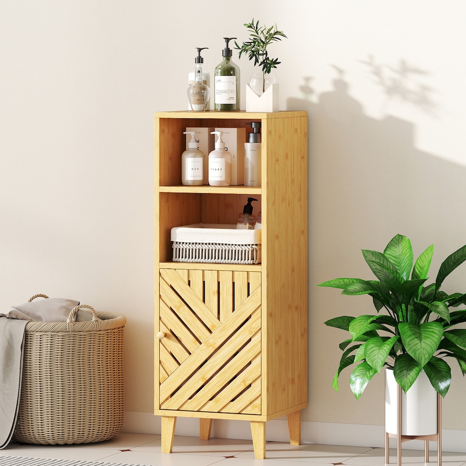 image 1 of HOMCOM Slim Bathroom Cabinet with Bamboo Door and Legs, Narrow Bathroom Storage Cabinet, Freestanding Storage Cupboard with Open Compartments, 32 x 30 x 90 cm, Natural Wood Finish