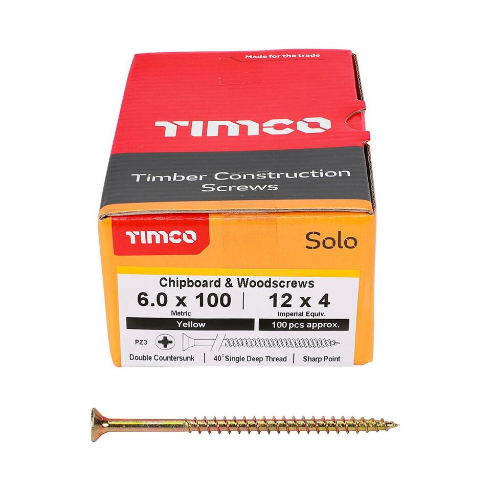 image 1 of Timco - Solo Chipboard & Woodscrews - PZ - Double Countersunk - Yellow (Size 6.0 x 100 - 100 Pieces)