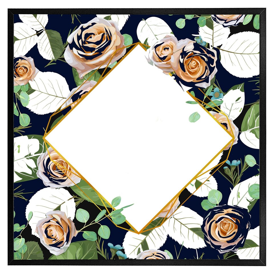 image 1 of Decorative flowers on navy background (Picture Frame) Grey | L