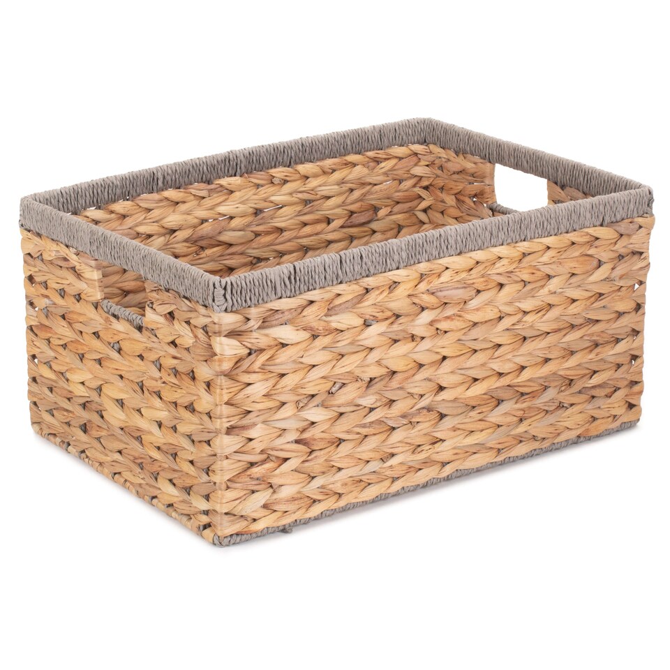 image 1 of Large Water Hyacinth With Grey Rope Border Rectangular Storage Basket | Brown | Brown
