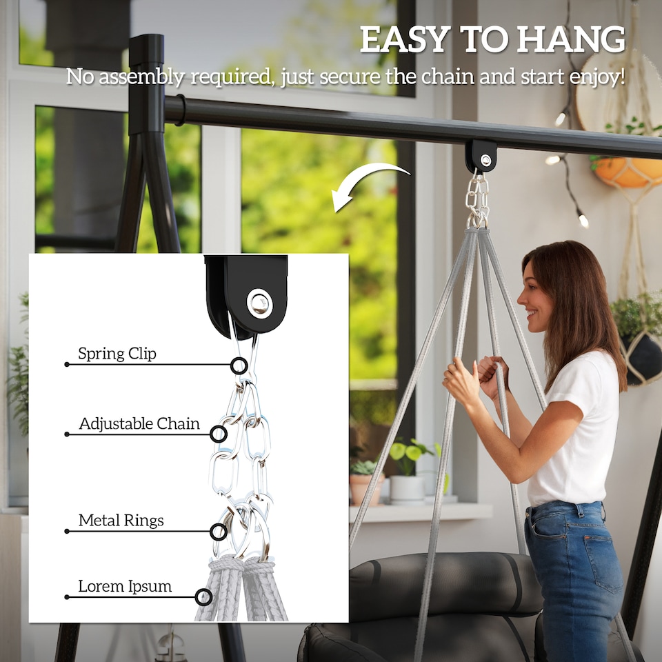 image 1 of Outsunny Hanging Chair Outdoor Hammock Chair with Soft Cushion, Cotton Rope Boho Style Swing Chair, Hanging Garden Swing Seat for Indoor Outdoor, Dark Grey | Grey | Dark Grey