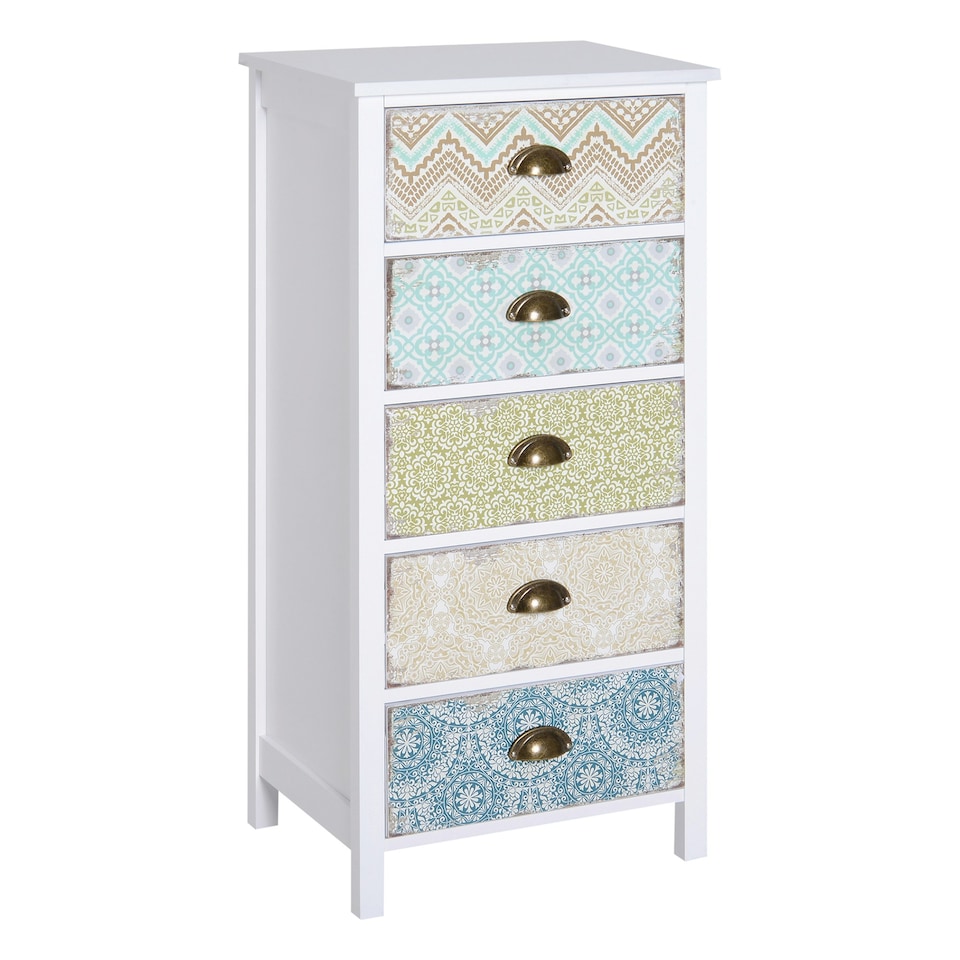 image 1 of HOMCOM Storage Chest Unit Dresser 5 Drawer Retro Style Wood White Entryway