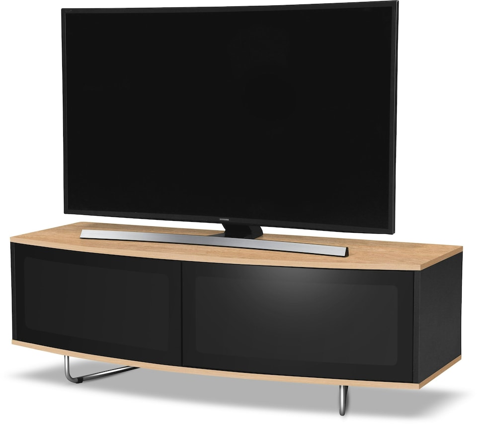 image 1 of Centurion Supports Caru Gloss Black and Oak Beam-Thru Remote Friendly Super-Contemporary "D" Shape Design 32"-65" LED/OLED/LCD TV Cabinet | Black | Oak | 1