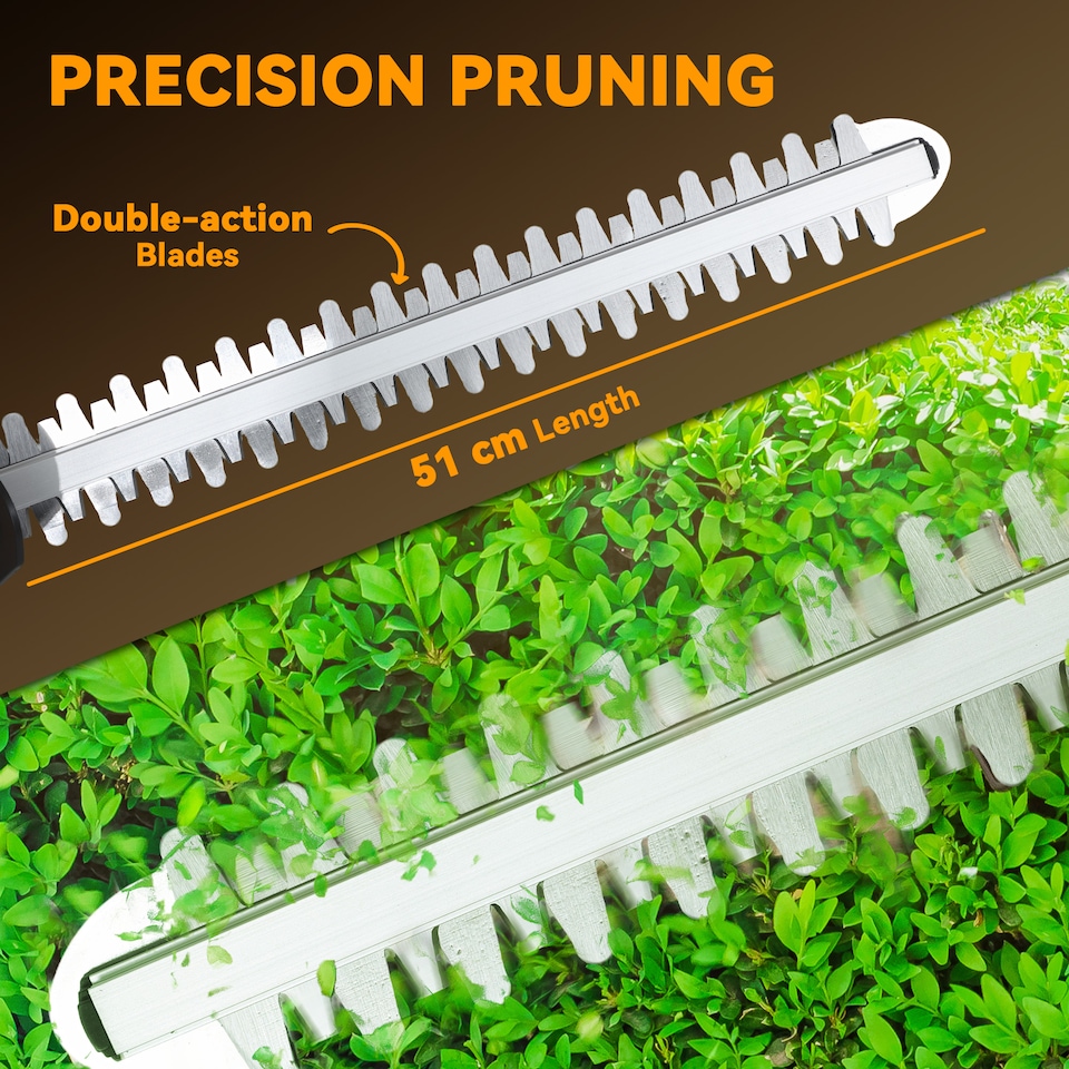 image 1 of Outsunny 20 Cordless Hedge Trimmer, 18V Electric Hedge Cutter with 51cm Dual Action Blade, 2 x 4000mAh Batteries and Brushless Motor for Garden Branches, Shrubs, Twigs, Orange