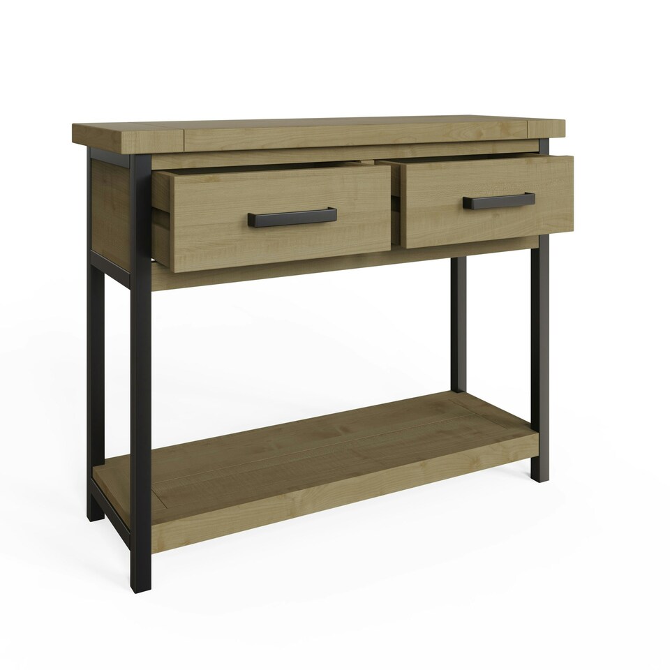 image 1 of Lowry 2 Drawer Console Table Driftwood Lacquered Solid Reclaimed Pine Brown