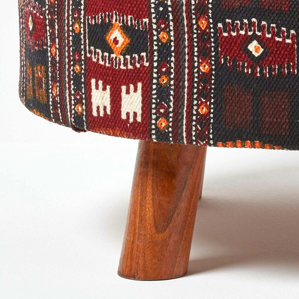 image 1 of Homescapes Flat Kilim Footstool with Legs | Red | 62 x 62 x 30 cm