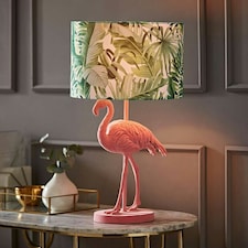 ValueLights Pink Velvet Flamingo Bedside Table Lamp with Tropical Palm Leaf Drum Lampshade Animal Light - Bulb Included Pink