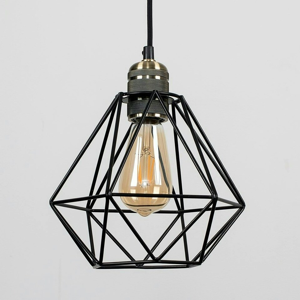 image 1 of ValueLights Antique Brass Ceiling Rose And Flex Lampholder Fitting With Black Cage Shade