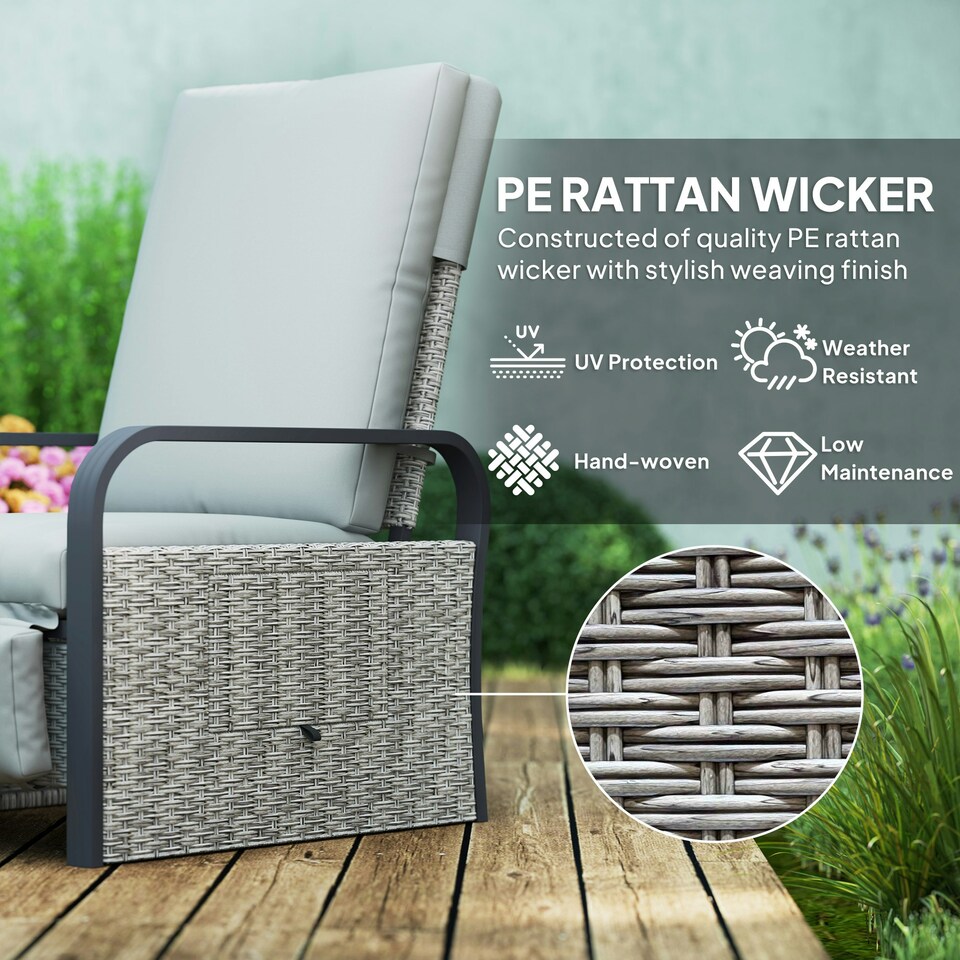 image 1 of Outsunny Rattan Garden Recliner Chair Sun Lounger w/ Side Tray Grey