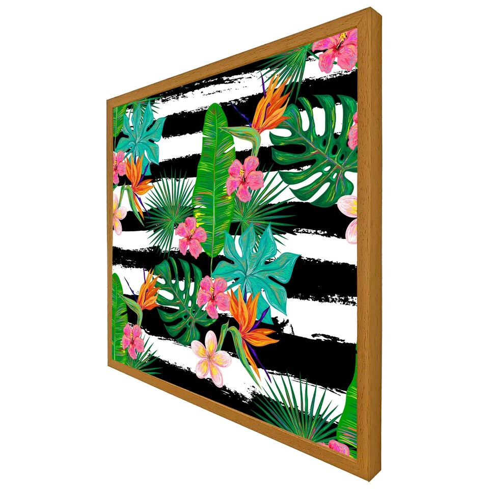 image 1 of Tropical plants on black & white stripes (Picutre Frame) Brown | Oak | XS