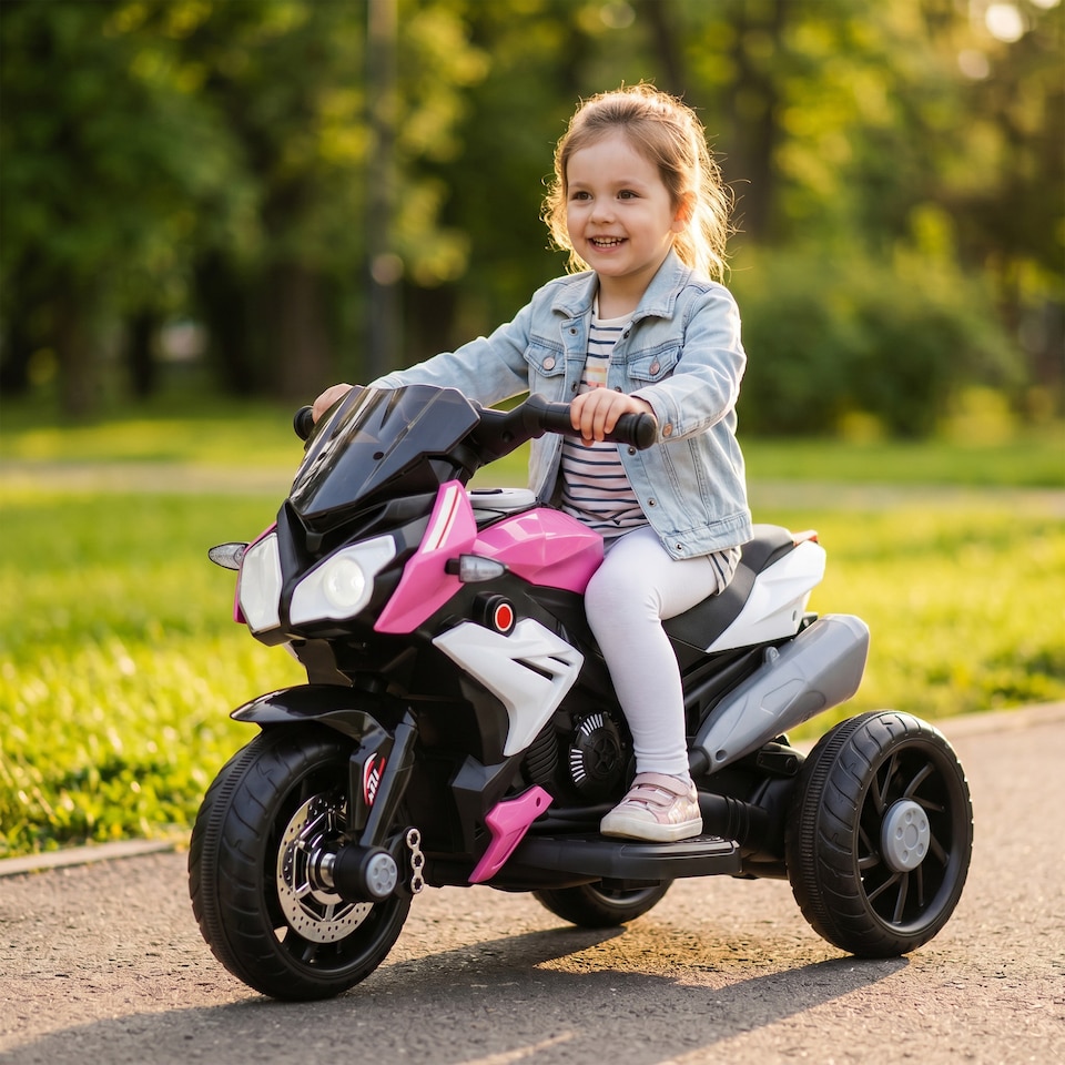 image 1 of HOMCOM Kids Electric Motorcycle with 3 Wheels, Headlight, Music, Horn, Pink