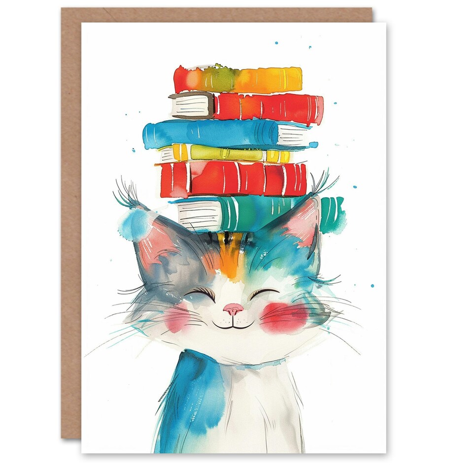 image 1 of Cat Kitten Book Stack Bright Watercolour Daughter Son Birthday Card