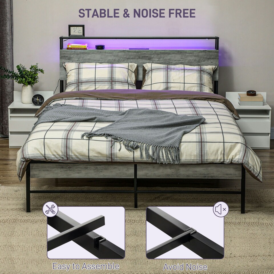 image 1 of HOMCOM LED Double Bed Frame with Charging Station, 135 x 190cm, Cement Grey