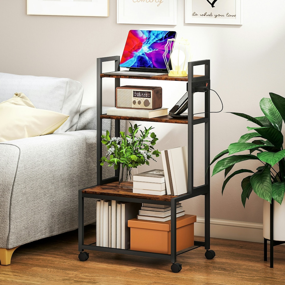 image 1 of HOMCOM 4-Tier Mobile Printer Stand with Power Outlets for Home Office Brown