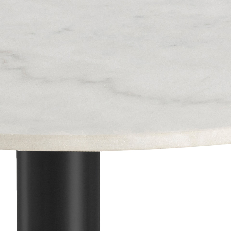 image 1 of Corby Round Dining Table with White Polished Marble Top & Black Base includes 4 Brooke Dining Chairs with Arm Rest in Taupe