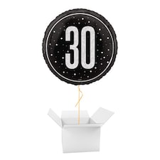 Black Glitz Age 30 Holographic Round Foil Helium Balloon - Inflated Balloon in a Box