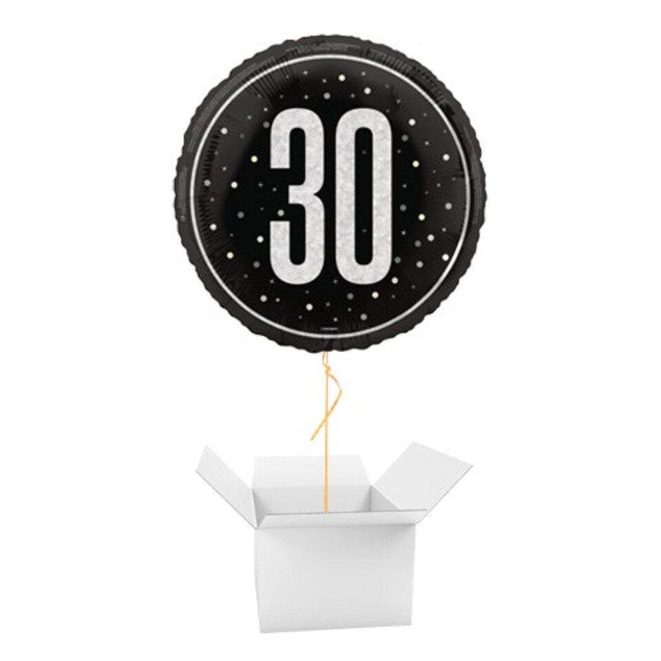 Black Glitz Age 30 Holographic Round Foil Helium Balloon - Inflated Balloon in a Box