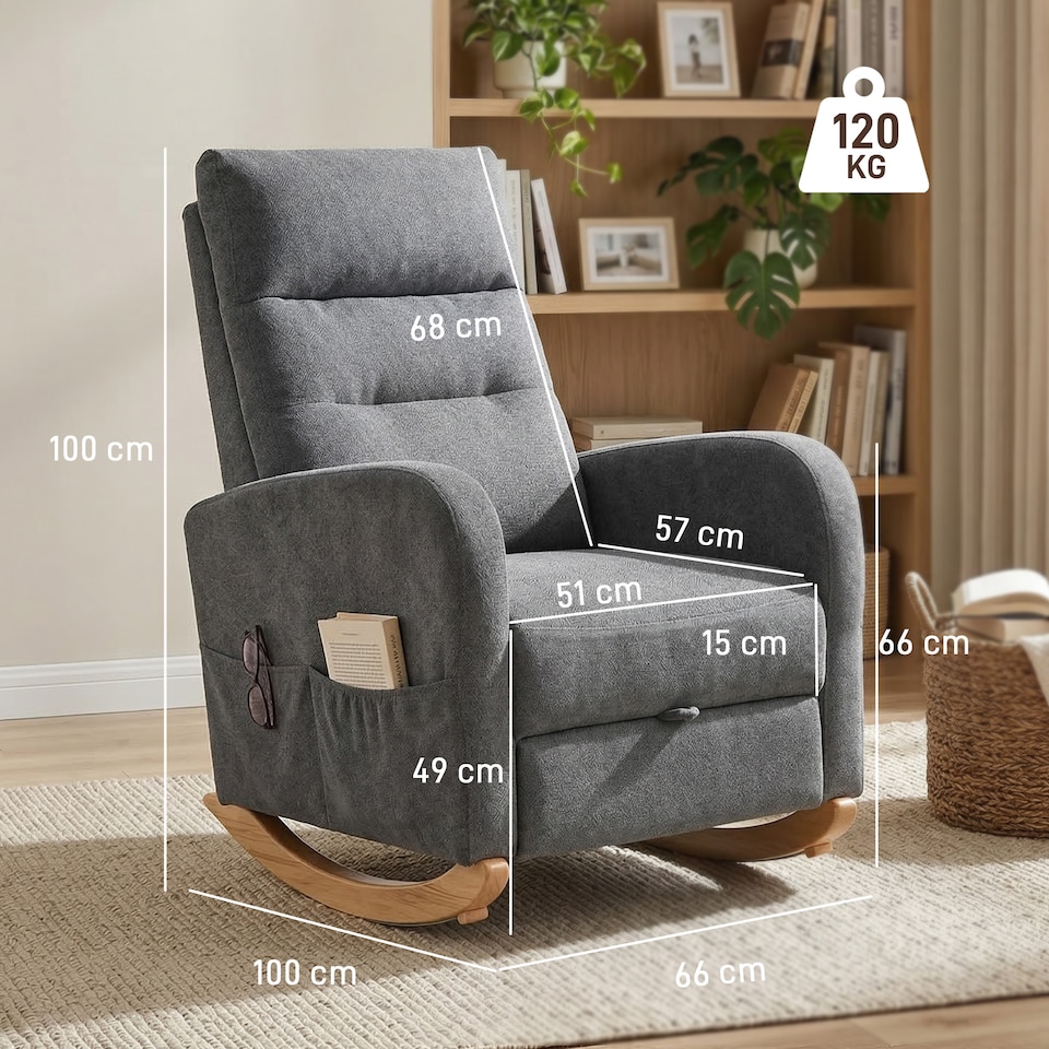 image 1 of HOMCOM Upholstered Rocking Chair with Retractable Footrest, High Back Grey
