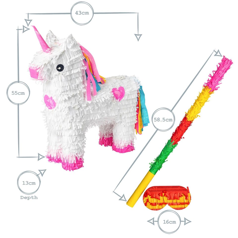 image 1 of Pinatas Unicorn Cardboard Pinata, Stick and Blindfold Set - W43cm x D13cm x H55cm - White