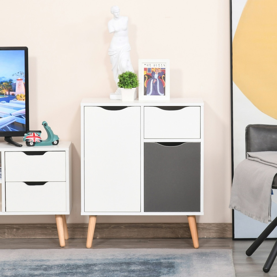image 1 of HOMCOM Sideboard Floor Cabinet Storage Cupboard with Drawer and Solid Wood Legs for Bedroom, Living Room, Entryway, Brown