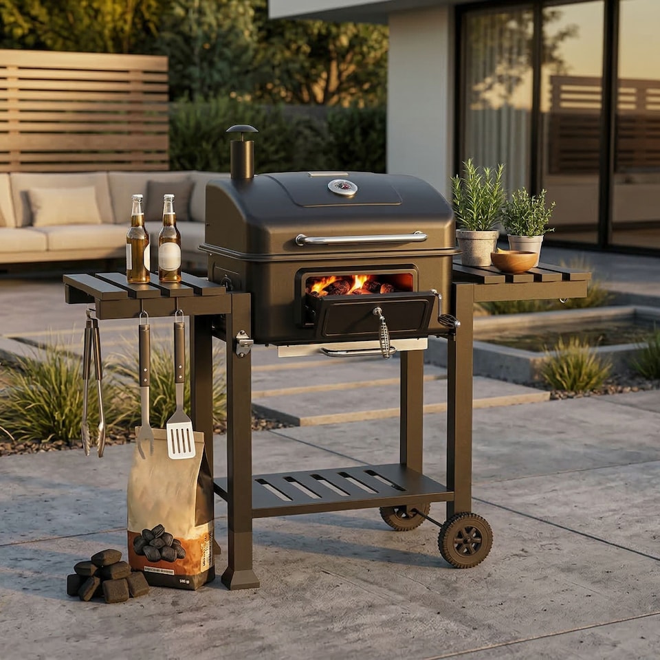 image 1 of Woodland Grill Charcoal BBQ Grill with Foldable Side Shelves, Black - OC01CBQ1032 | Black | 1