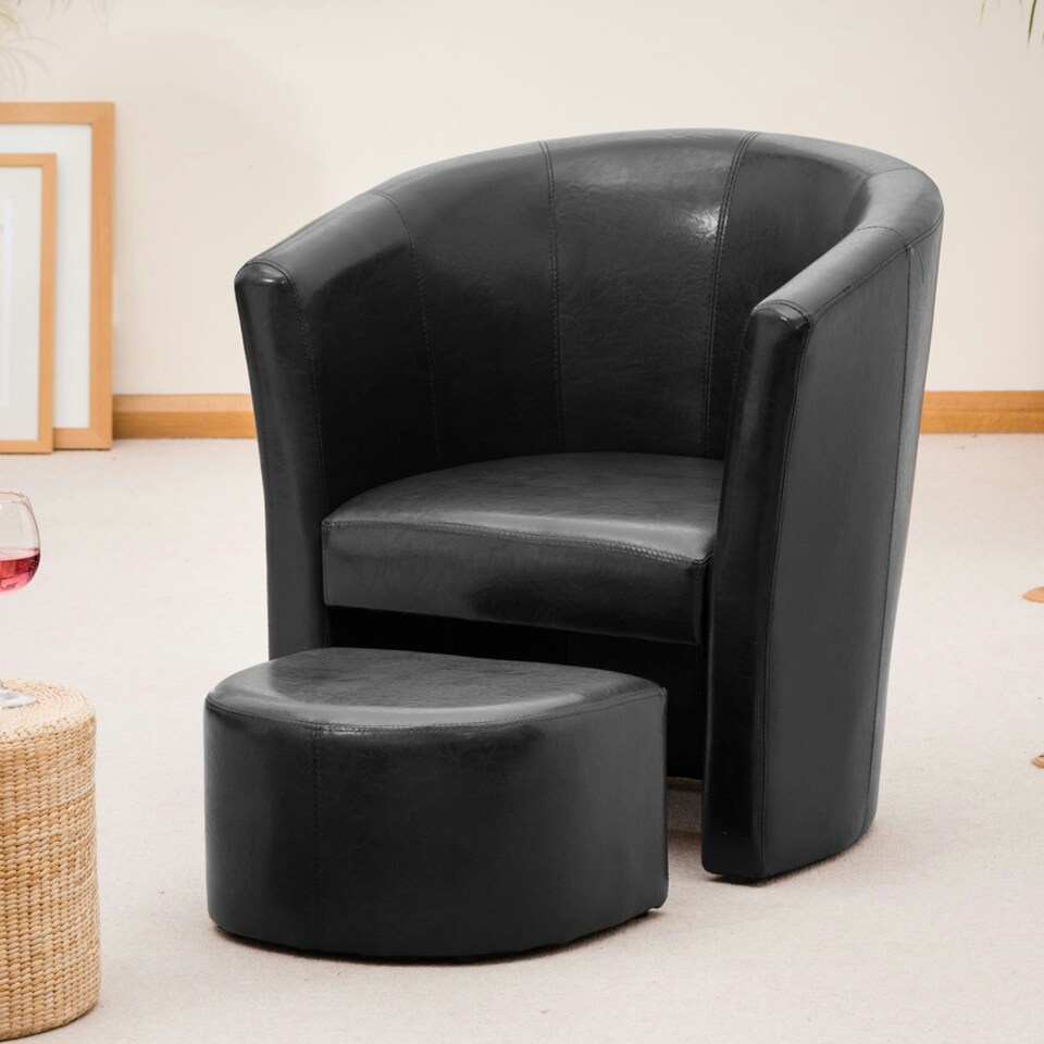 image 1 of Halewood Faux Leather Tub Chair with Integrated Stool - Black