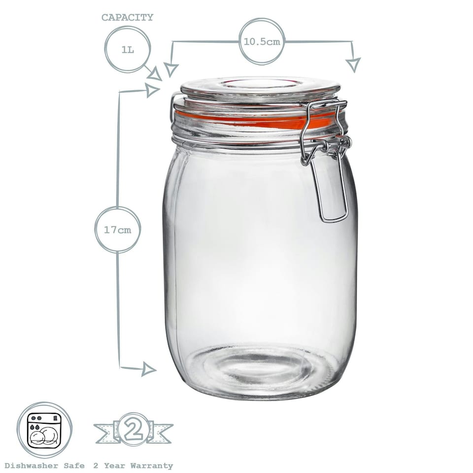image 1 of Argon Tableware 3x Glass Storage Jars - 1 Litre - Orange Seal - Clip Top Storage Jar Kitchen Jair Preserving Jar Kitchen Storage Jar