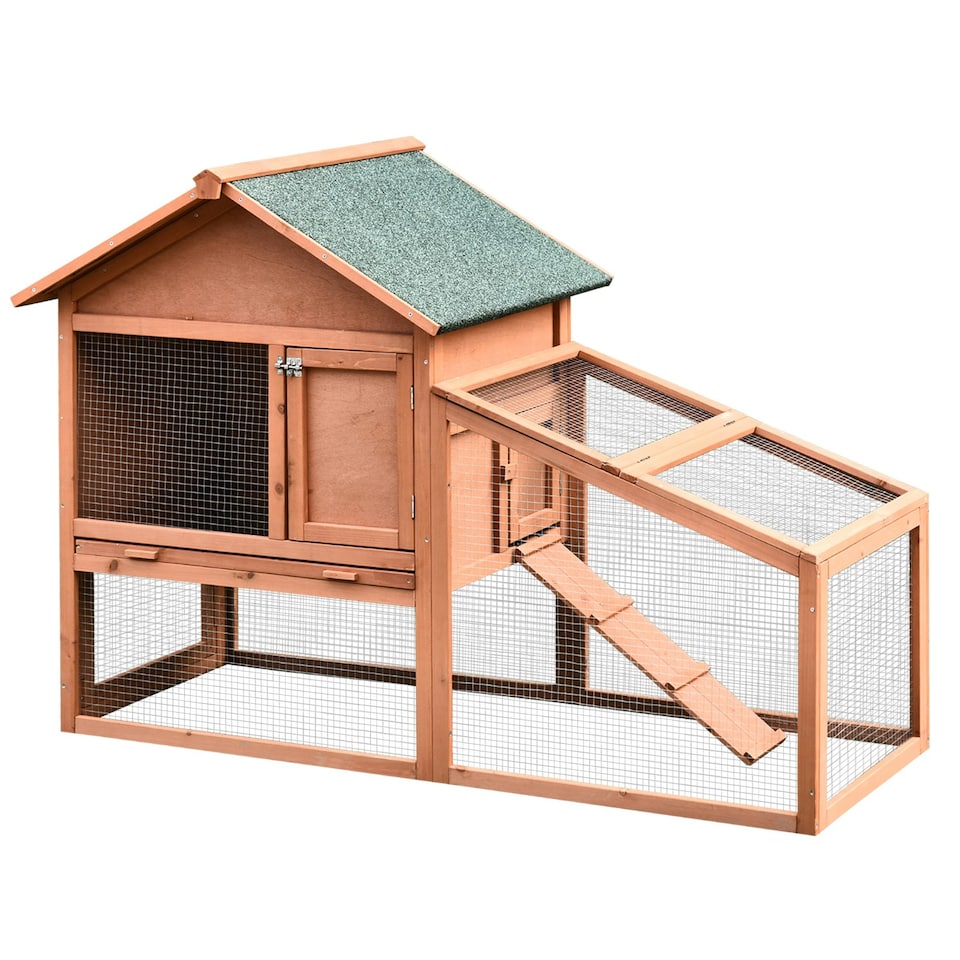 image 1 of PawHut Rabbit Hutch, 2 Tier Bunny House with Asphalt Roof, Ramp, tray, Green