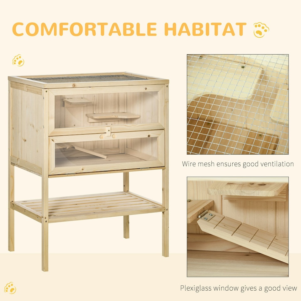 image 1 of PawHut Wooden Hamster Cage w/ Storage Shelf, Openable Top for Gerbils