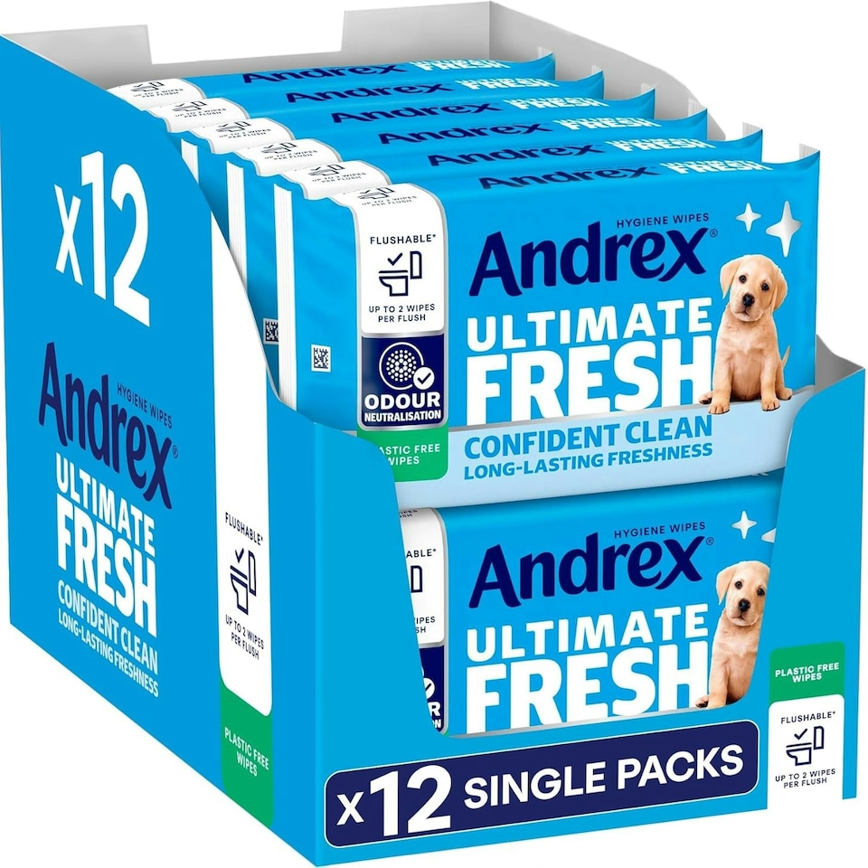 image 1 of Andrex Ultimate Fresh Washlets, 12 Packs - Gentle, Biodegradable, Flushable Toilet Wipes for Everyday Hygiene, Use with Regular Toilet Roll