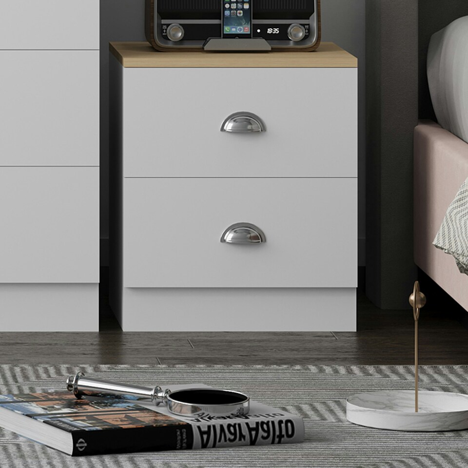 image 1 of FWStyle Esher 2 Drawer Bedside Table Matt White With Oak Top