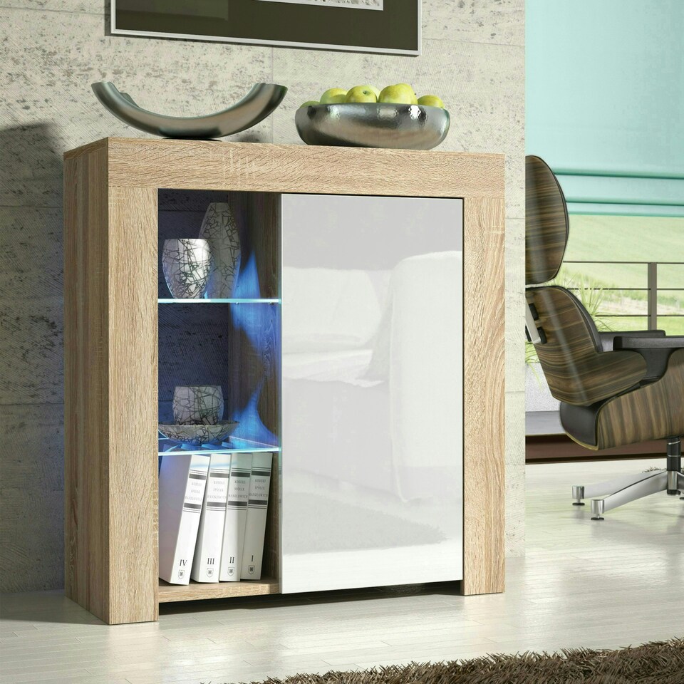 image 1 of Sideboard 75cm White Gloss Door Oak Matt Body Glass Shelves Free LED Multi | Oak & White