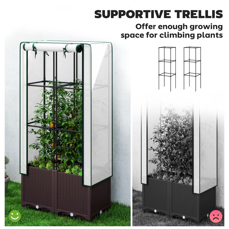 image 1 of Outsunny Plastic Vegetable Planter with Trellis, 80 x 40 x 140 cm | Brown | Brown