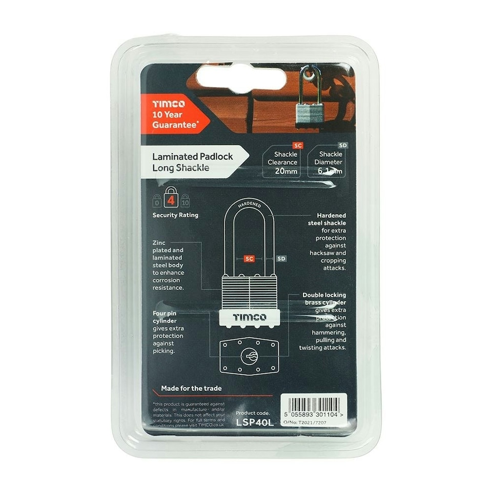 image 1 of Timco - Laminated Padlock Long Shackle (Size 40mm - 1 Each)