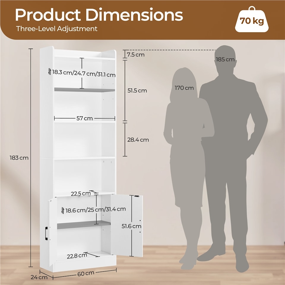 image 1 of Yaheetech 7-Tier Tall Bookcase with 2-Door Cabinet-White
