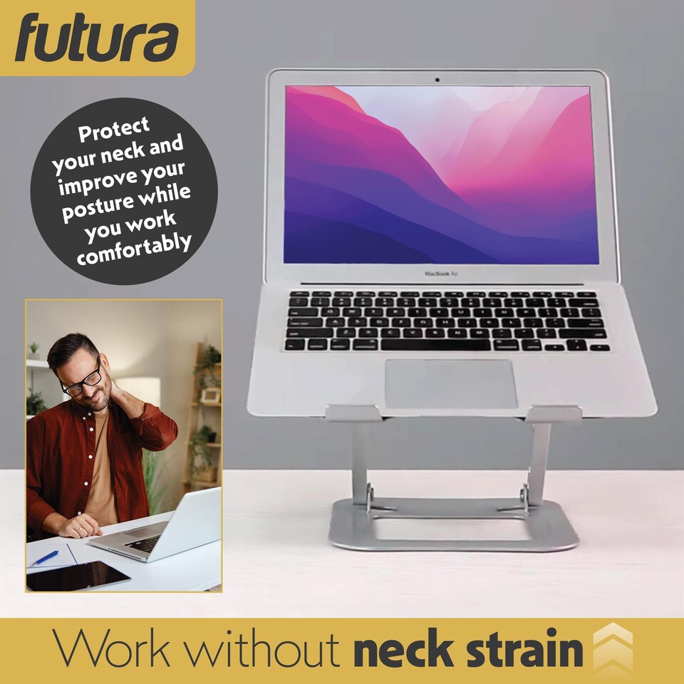 image 1 of Futura Laptop Stand Adjustable Portable Riser, Silver Foldable Aluminium Holder for MacBook AirPro and 11 to 17 inch Laptops | Silver | Silver | One Size | 1