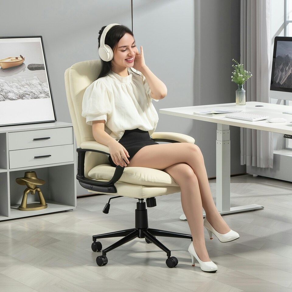 image 1 of Vinsetto PU Leather Office Chair with Arm, Adjustable Height, Cream White Cream