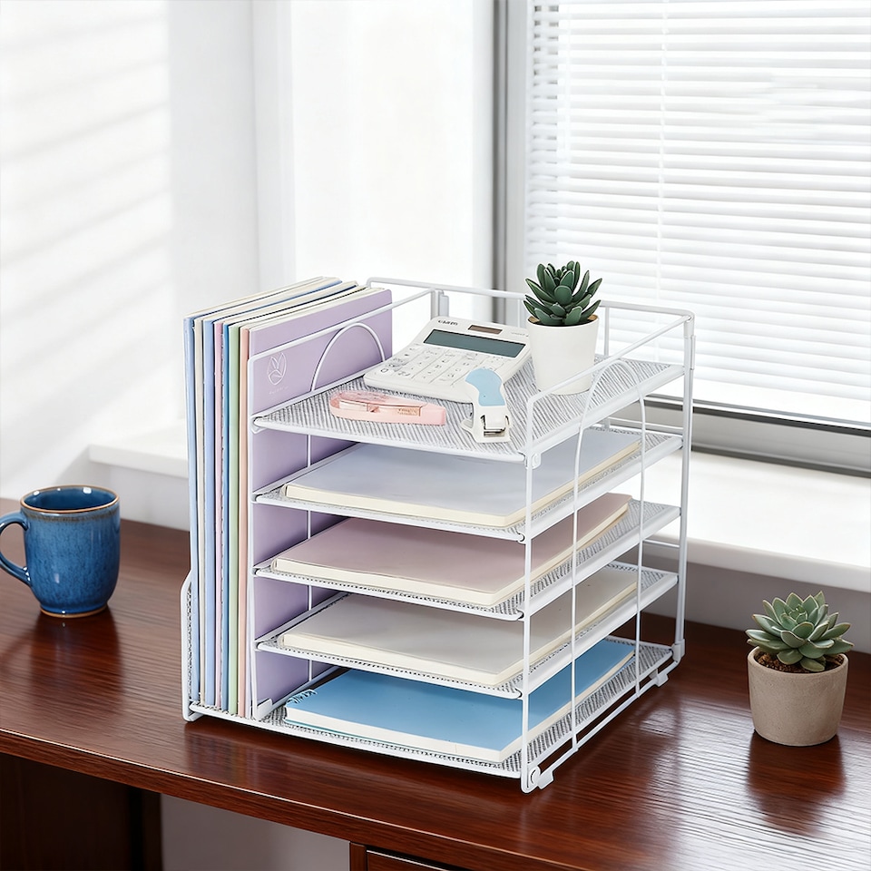 image 1 of Living and Home 5-Tier Desktop Organiser with Vertical File Sorter | White