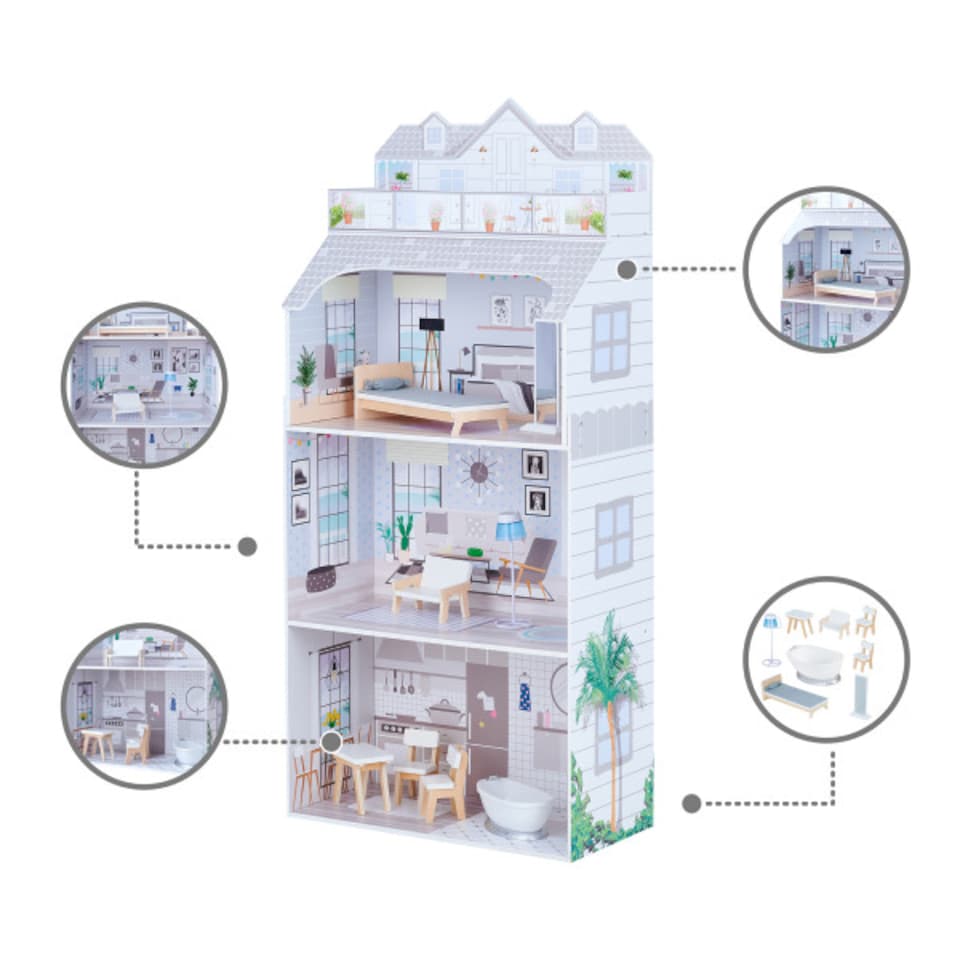 image 1 of Teamson Kids Wooden Deluxe 3 Storey Doll House for 12" Dolls, Dollhouse
