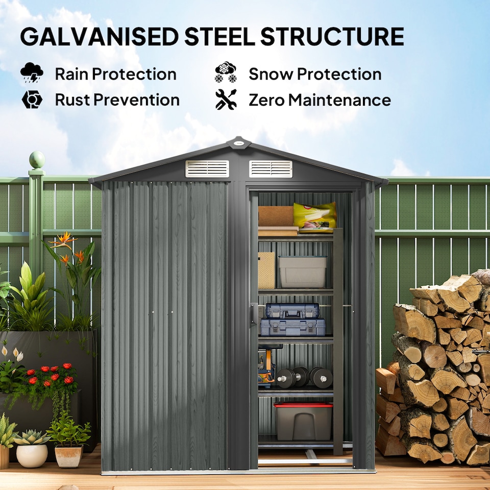 image 1 of Outsunny 5ft x 4ft Garden Shed, Metal Tool Storage Shed with Sliding Door, Sloped Roof and Foundation Kit for Garden, Patio, Grey Wood Effect | Grey | 1